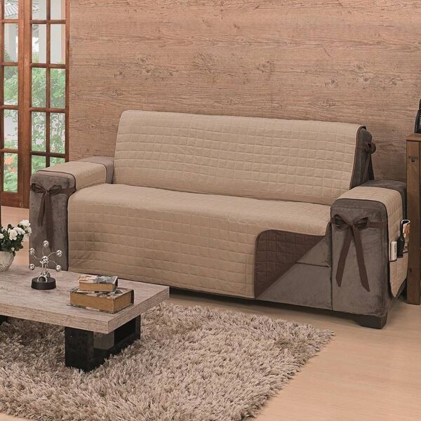 Protetor De Sofá Dupla Face Premium 3 Lugares - Marrom/cáqui