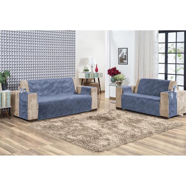 Protetor De Sofá Suede Liso Com Alta Qualidade 02 Peças Azul