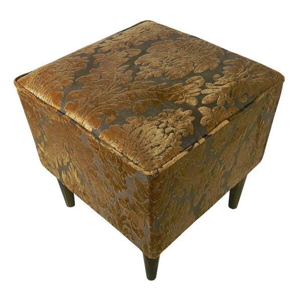 Pufe Milão Urby Jacquard Brocado Dourado Pés Palito