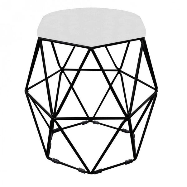 Puff Banqueta Aramado Luna Hexágono Base Preto Suede Branco
