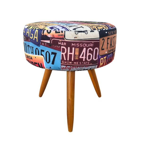 Puff Banqueta Berlim Redondo Estampado Placas Pés Castanho D'
