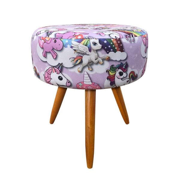Puff Banqueta Berlim Redondo Estampado Unicórnio Pés Castanho