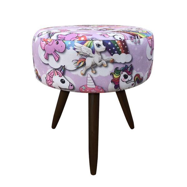 Puff Banqueta Berlim Redondo Estampado Unicórnio Pés Tabaco D
