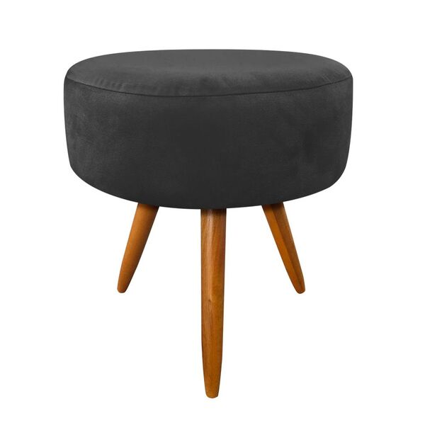 Puff Banqueta Berlim Redondo Suede Preto Pés Castanho D'rossi