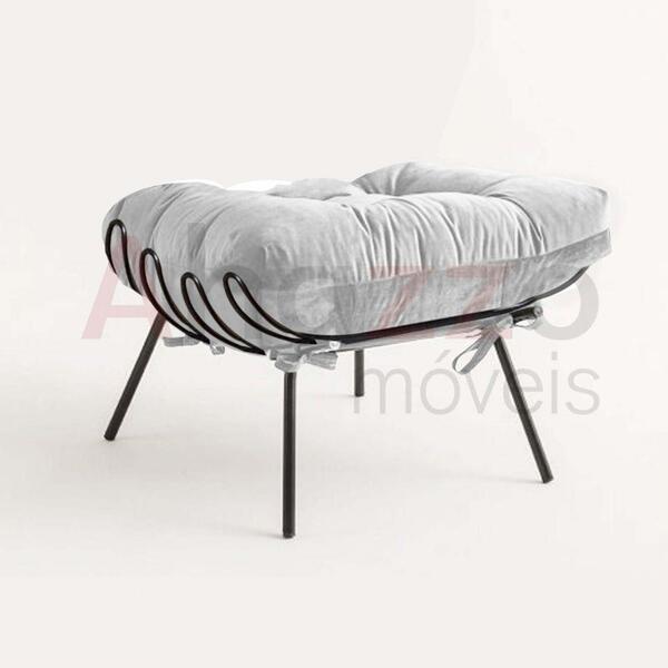 Puff Banqueta Costela Industrial Ferro Preto Suede Branco