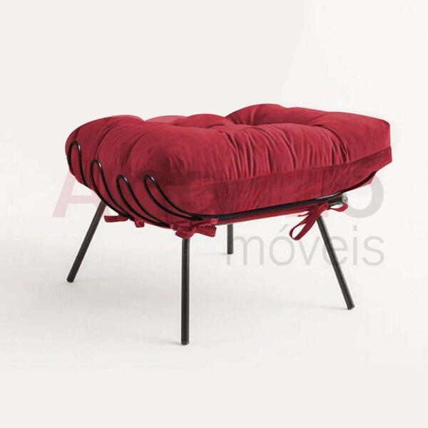 Puff Banqueta Costela Industrial Ferro Preto Suede Vermelho