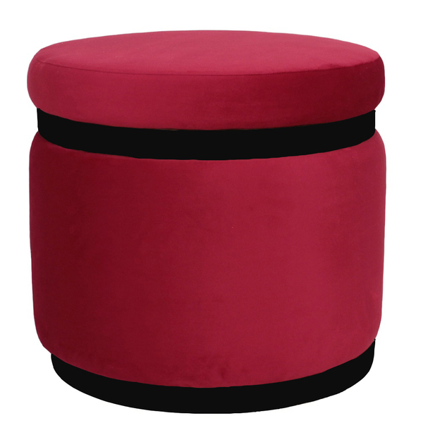 Puff Banqueta Decorativo Round Preto Veludo Vermelho