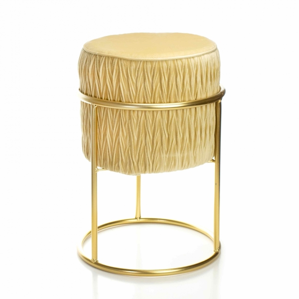 Puff Banqueta Decorativo Sueli Redondo Veludo Bege  Base Metá