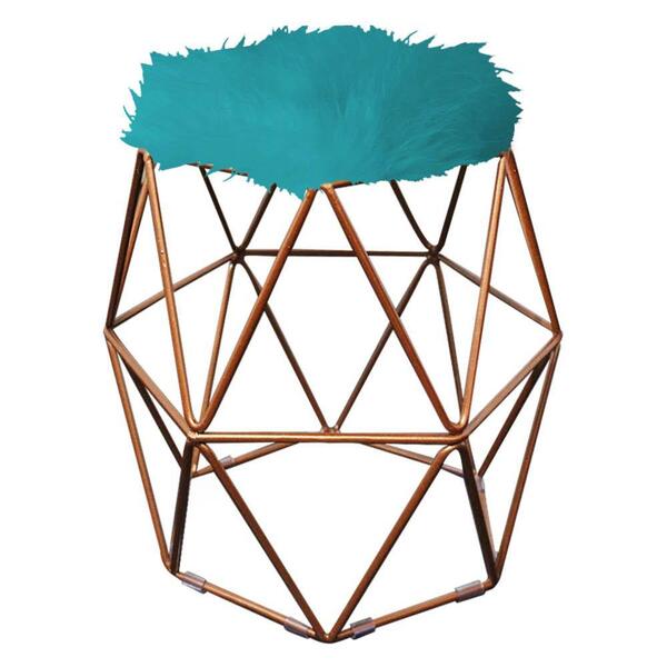 Puff Banqueta Luna Aramado Hexágono Bronze Pelúcia Azul Turqu