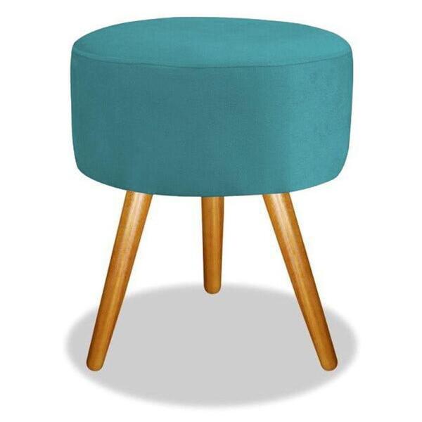 Puff Banqueta Magnus Redondo Azul Tiffany Pés Palito Castanho