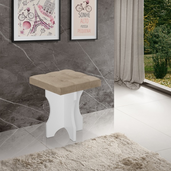 Puff Banqueta Para Penteadeira Branca 100% Mdf Assento Bege