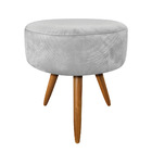 Puff Banqueta Redonda Nina Veludo Cinza Pés Palito Castanho -