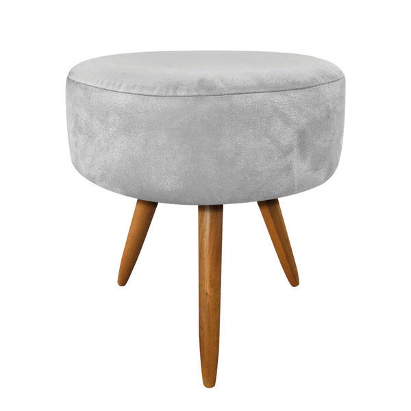 Puff Banqueta Redonda Nina Veludo Cinza Pés Palito Castanho -