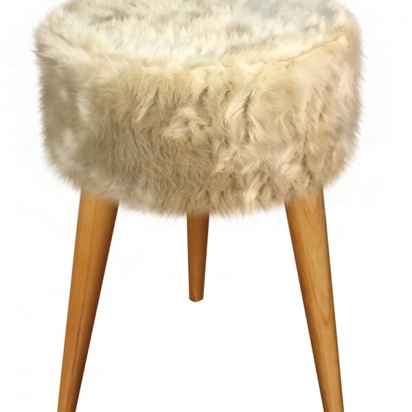 Puff Banqueta Redondo Pelúcia Revest. Pelo Alto Bege Decor.