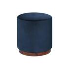 Puff Barcelona Decorativo Com Veludo Azul E Base Madeira