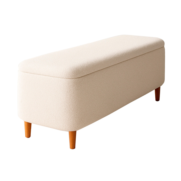 Puff Baú Bella 90cm Pés Madeira Bouclé Off White - Sallar Home