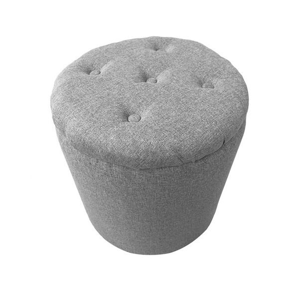 Puff Baú Redondo Organizador Guarda Objeto Linho Cinza