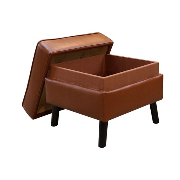 Puff De Couro Com Baú Melfi Conhaque Com Brilho - Mempra