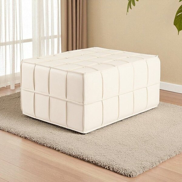 Puff De Couro Legítimo Decorativo 80x80x40 Cm Queen Off White