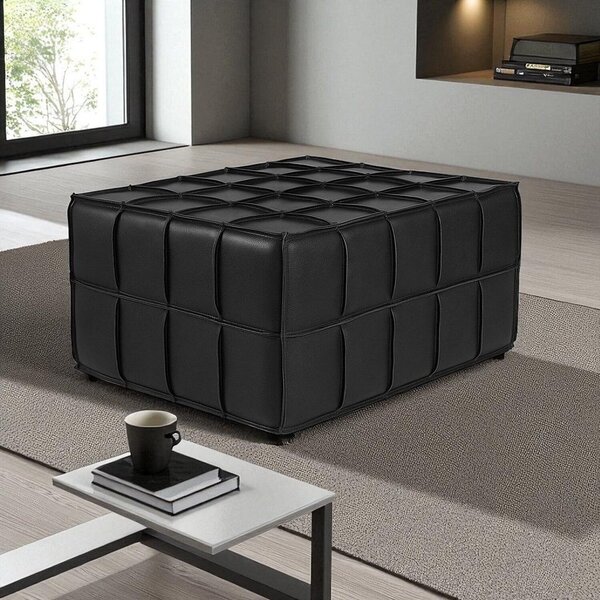 Puff De Couro Legítimo Decorativo 80x80x40 Cm Queen Preto