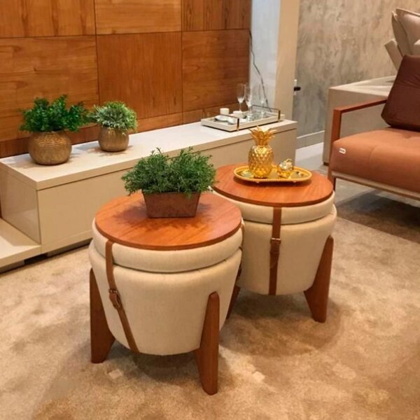 Puff Decorativo Baú Flex Para Mesa Centro Bege
