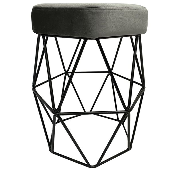 Puff Decorativo Cristal Veludo Cinza Camurça Base Preto