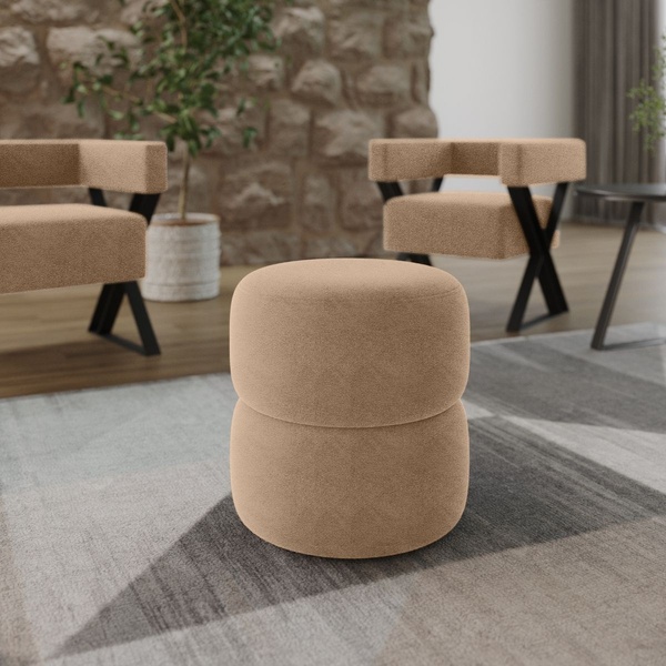 Puff Decorativo Estofado Para Sala Redondo Luna Bouclé Bege