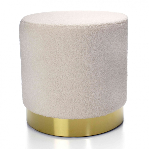 Puff Decorativo Redondo Em Bouclê Bege Com Detalhe Dourado Na