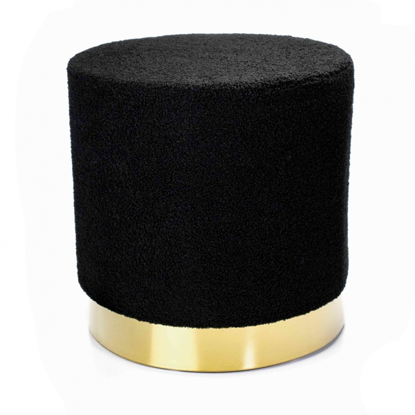 Puff Decorativo Redondo Em Bouclê Preto Com Detalhe Dourado N