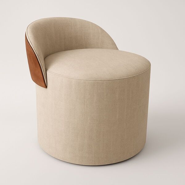 Puff Encosto Corino Linho Orgânico Sala Redondo Quarto Banco