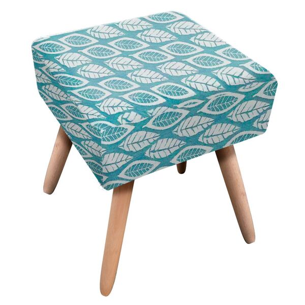 Puff Ibiza Quadrado Linho Folhas Azul A36 Pés Palito Natural