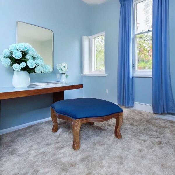 Puff King Entalhado Madeira Maciça Verniz Imbuia E Veludo Azul