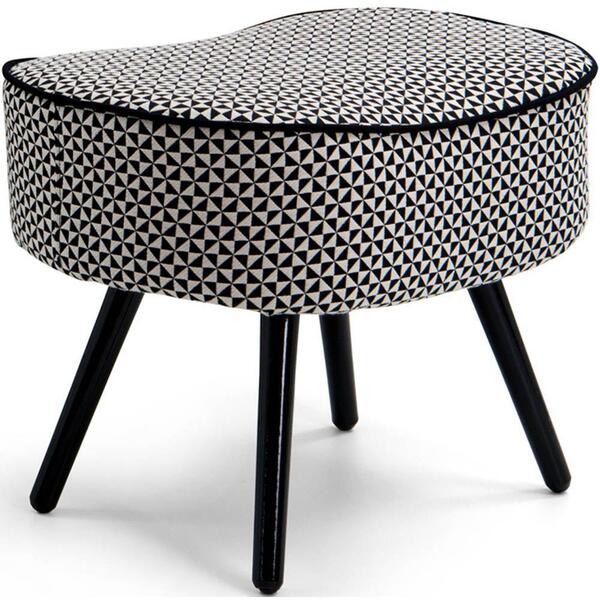 Puff Kora Pés Palito Preto Linho Geométrico Preto E Bege