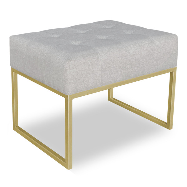 Puff Lisa Linho Cinza Base Metálica Industrial Dourado - Pall