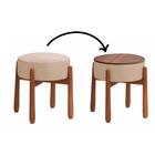 Puff Luxo Decorativo Tecido Linho Bege E Pés Madeira