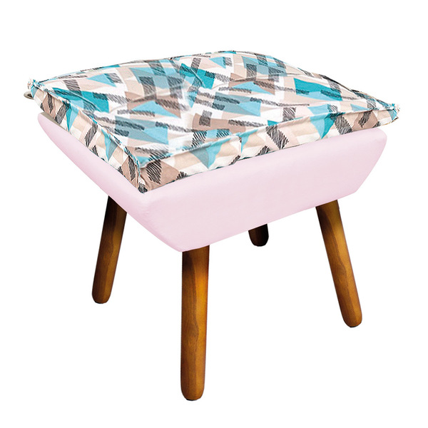 Puff Opala Composê Suede Rosa Bebê Com Estampado Traçado Azul