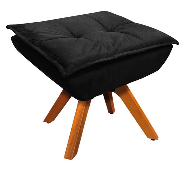 Puff Opala Suede Preto Base Giratória Madeira Tana Decor