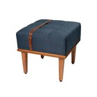 Puff Quadrado De Madeira Eucalipto, Estofado E Cinto De Couro