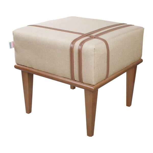 Puff Quadrado Eudor Pés Em Madeira Maciça Linho Bege Claro
