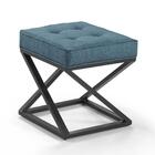 Puff Quadrado Mônaco Linho Azul Pés Metal Preto