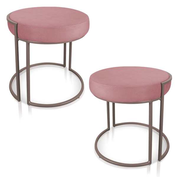 Puff Redondo Base Industrial Cobre Kit 2 Love Suede Rosê D03