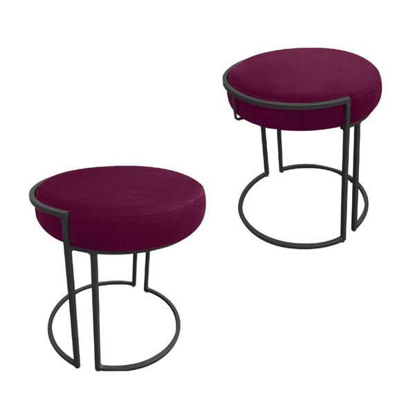 Puff Redondo Base Industrial Preto Kit 2 Love Suede - Vinho