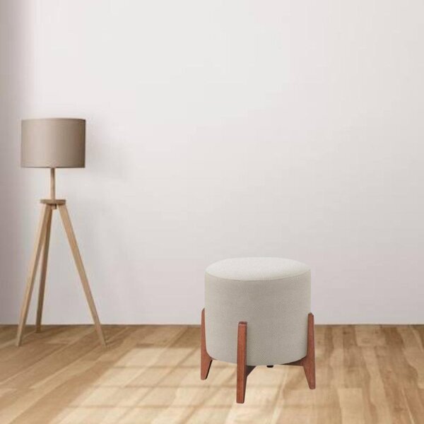 Puff Redondo Em Linho Pé De Madeira Luxo Thor Decor Bege