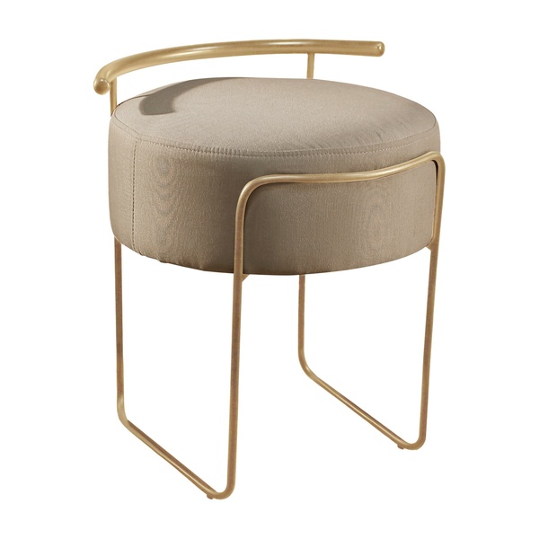 Puff Redondo Ivar Em Linho E Base Metal Dourado Agarb Decor L