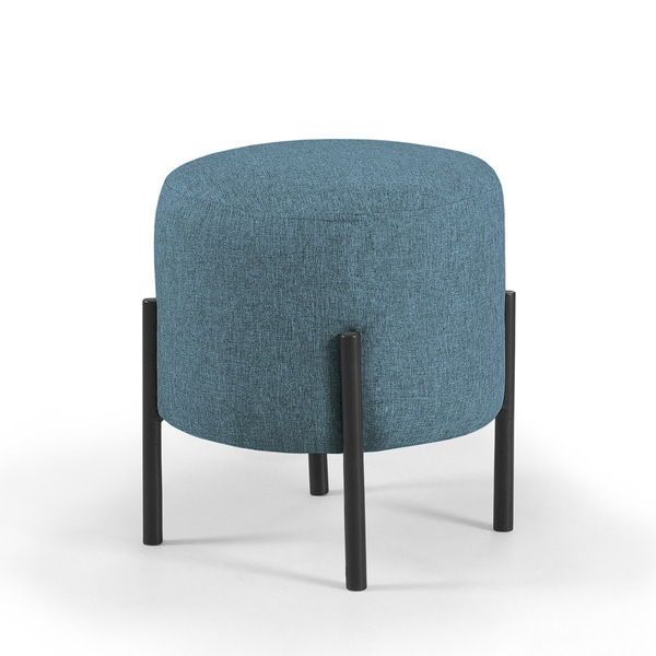 Puff Redondo Liverpool De Linho Pés De Ferro  - Azul