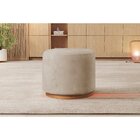 Puff Redondo Para Sala Base De Madeira Linho Bege