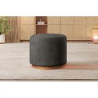 Puff Redondo Para Sala Base De Madeira Linho Preto