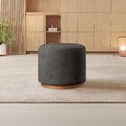 Puff Redondo Para Sala Base De Madeira Linho Preto