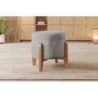 Puff Redondo Para Sala Pé De Madeira Linho Cinza