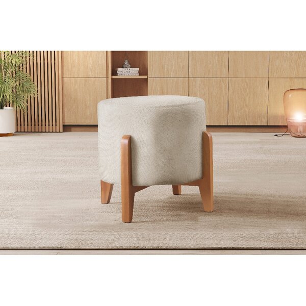 Puff Redondo Para Sala Pé De Madeira Linho Nude